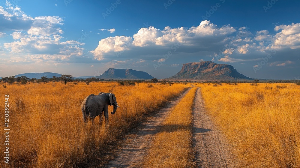 Fototapeta premium Elephant walking on a path through a grassy landscape with mountains in the distance