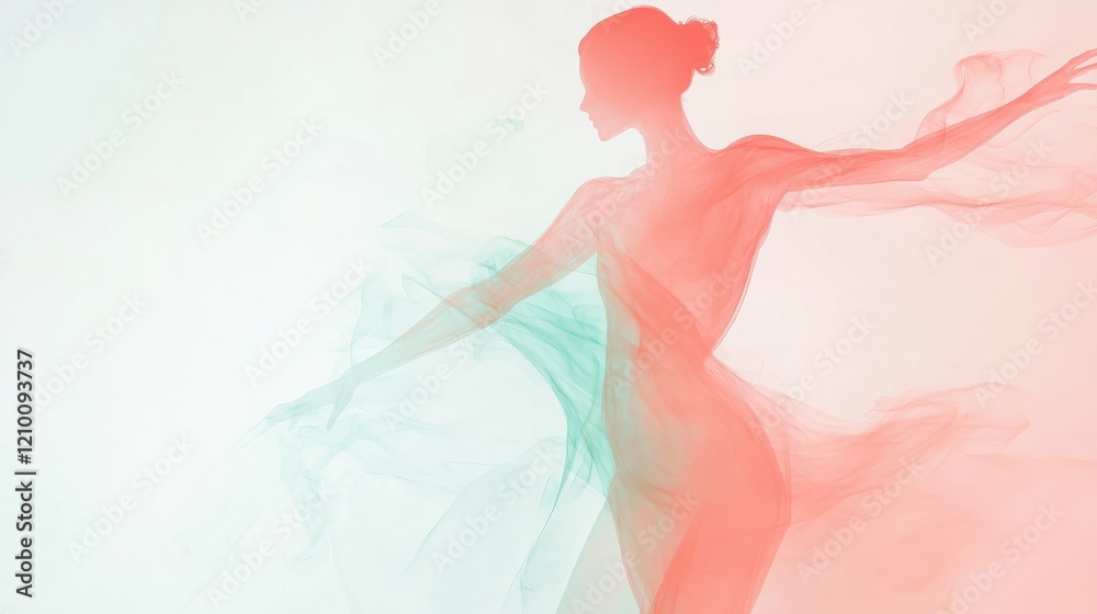 Dancing figure silhouette in pastel coral and mint tones softly blending into a light background Dancing figure silhouette in pastel coral and mint tones softly blending into a light background