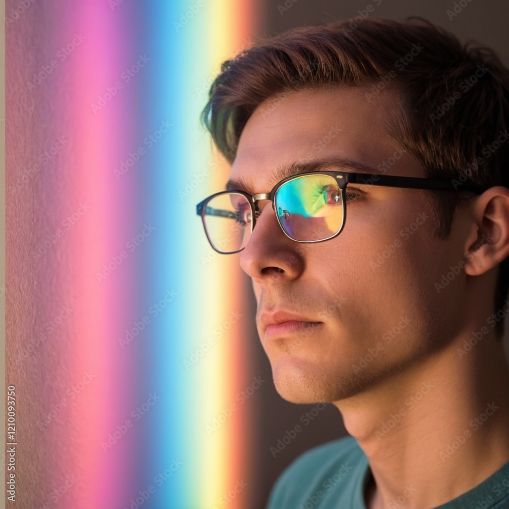 Young man with glasses reflecting colorful light in a serene moment Young man with glasses reflecting colorful light in a serene moment