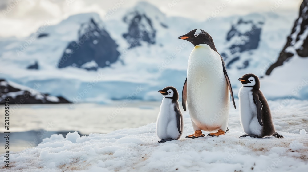 Obraz premium Family of penguins standing on an snow covered mountains