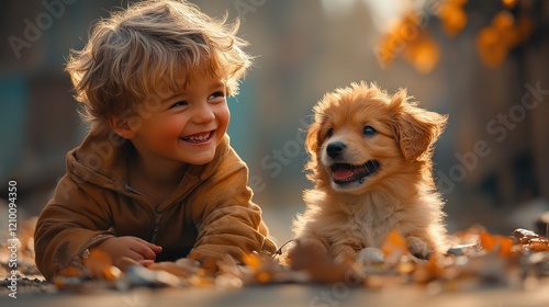 Toddler, puppy, autumn leaves, park, playful photo