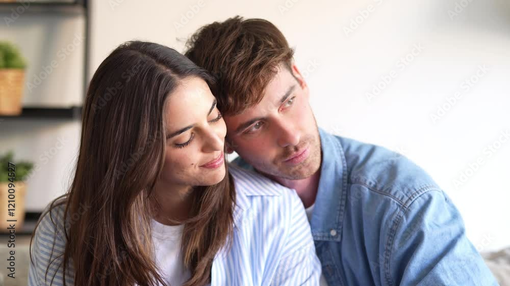 One dream for two of us. Romantic millennial spouses relax on couch together looking aside imagining happy future life. Young man and woman in love cuddling indoors creating plans on weekend vacation
One dream for two of us. Romantic millennial spouses relax on couch together looking aside imagining happy future life. Young man and woman in love cuddling indoors creating plans on weekend vacation