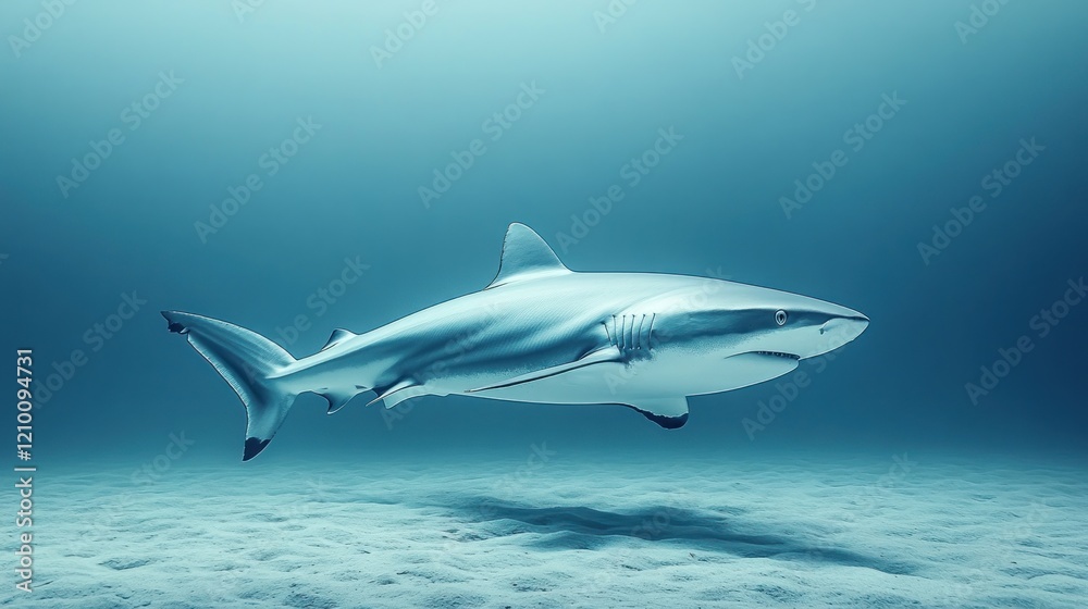 Obraz premium Shark swimming ocean floor, blue water, sandy seabed, wildlife documentary