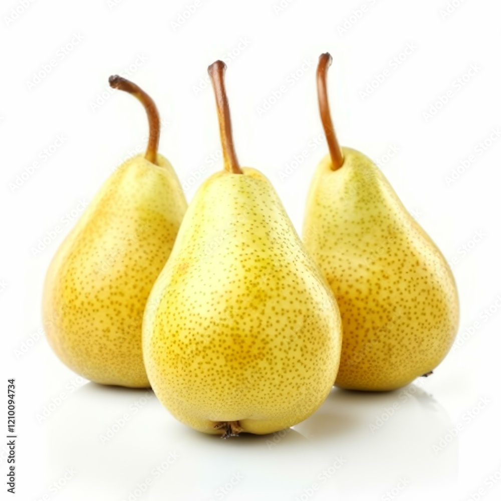 Three ripe yellow pears standing upright on a reflective white background Three ripe yellow pears standing upright on a reflective white background