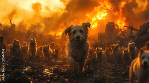 Brave Dogs Fleeing Fiery Urban Disaster photo