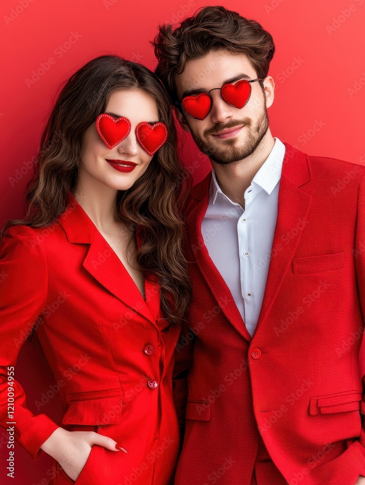 Stylish Couple in Red Attire with Heart-Shaped Sunglasses Stylish Couple in Red Attire with Heart-Shaped Sunglasses