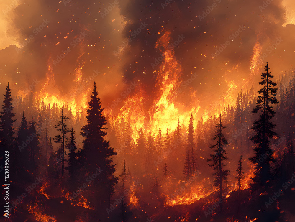 massive wildfire raging forest mountain flames pine trees black smoke chaos devastation fire natural disaster hill fire environment climate change global warming hazard massive wildfire raging forest mountain flames pine trees black smoke chaos devastation fire natural disaster hill fire environment climate change global warming hazard