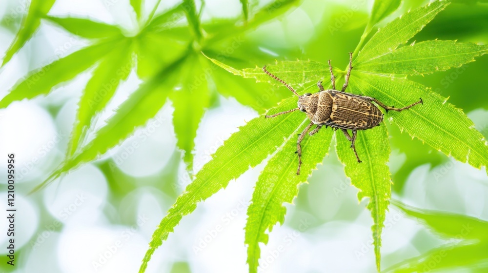 Fototapeta premium Beetle on Maple Leaf, Garden, Spring, Bokeh Background, Nature