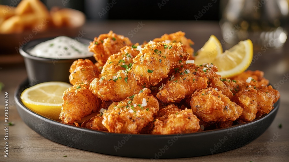 A platter of crispy fish and chips served with tartar sauce and lemon wedges, in a casual pub setting A platter of crispy fish and chips served with tartar sauce and lemon wedges, in a casual pub setting