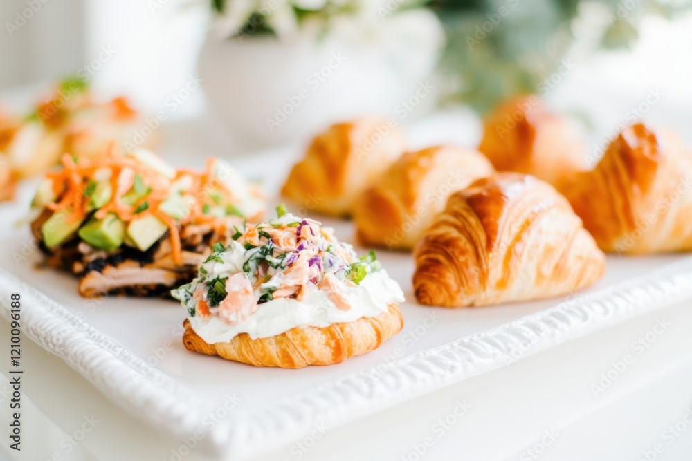 Delicious mini croissants with various fillings on a white plate Delicious mini croissants with various fillings on a white plate