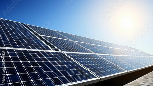 A close-up of sleek, modern solar panels gleaming under bright sunlight, set against a clear blue sky, symbolizing renewable energy and sustainability.