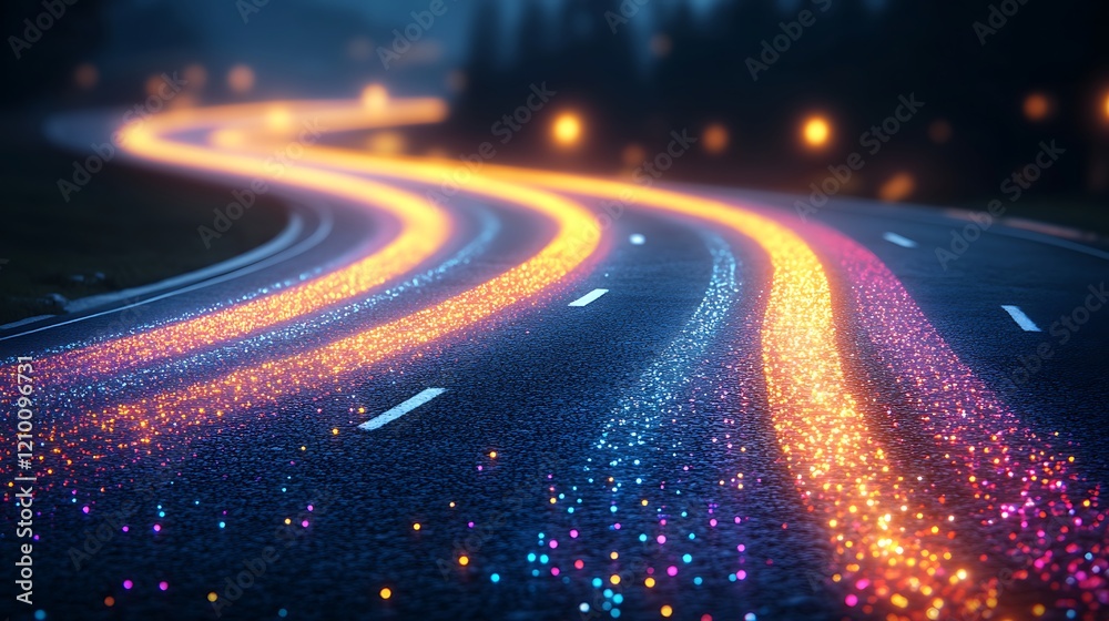 Winding Road of Lights: A mesmerizing night-time shot of a winding road illuminated by colorful streaks of light, creating a dynamic and futuristic abstract pattern.