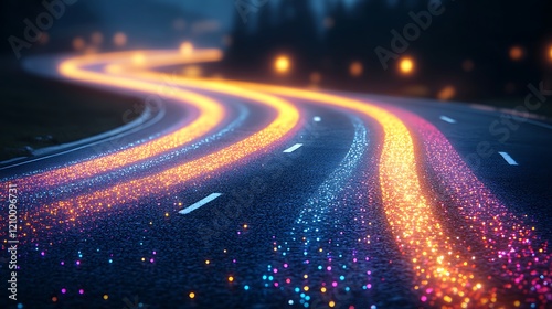 Obraz na płótnie Winding Road of Lights: A mesmerizing night-time shot of a winding road illuminated by colorful streaks of light, creating a dynamic and futuristic abstract pattern. w salonie