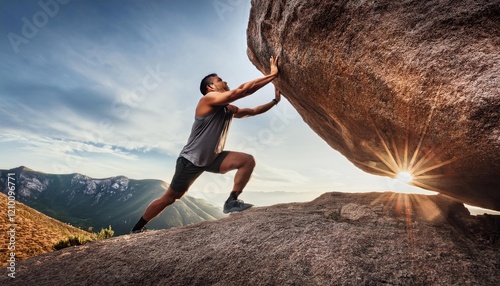 person pushing against a large rock or mountain, symbolizing effort, ambition, and big challenges