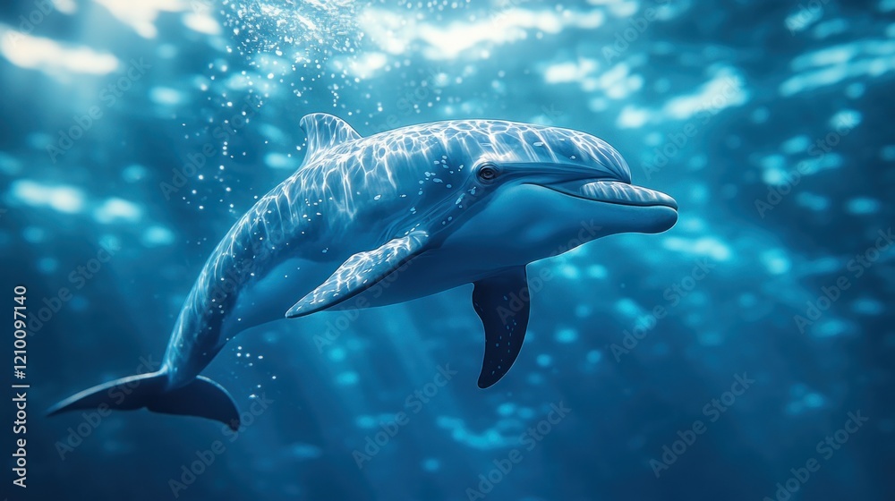 Fototapeta premium Dolphin swimming ocean sunlight bubbles underwater marine life