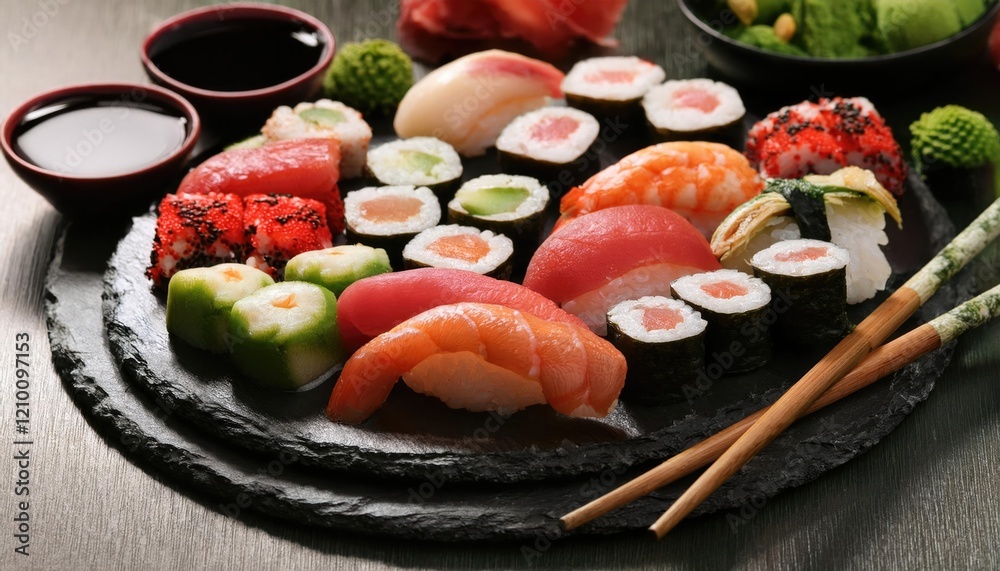 Assorted sushi platter with chopsticks and condiments Assorted sushi platter with chopsticks and condiments