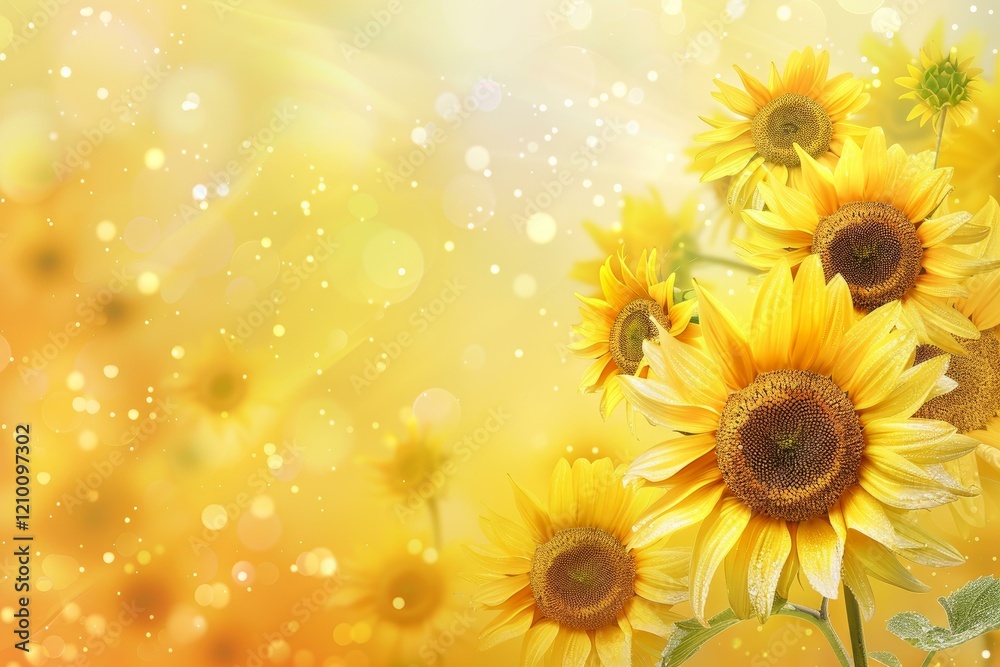 Fototapeta premium Beautiful sunflowers create a vibrant and cheerful yellow floral background, enhanced by a sparkling bokeh effect