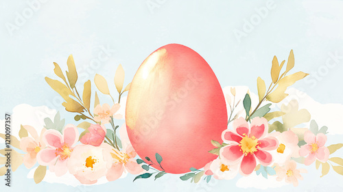 Elegant watercolor illustration style of pink egg in a floral nest with digital shadows photo