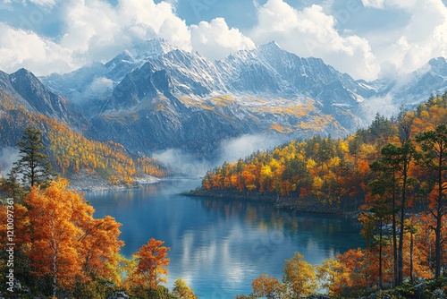 Autumn Range: A panoramic view of a mountain range blanketed in vivid autumn foliage, with a clear blue lake nestled below, captured with photorealistic detail photo