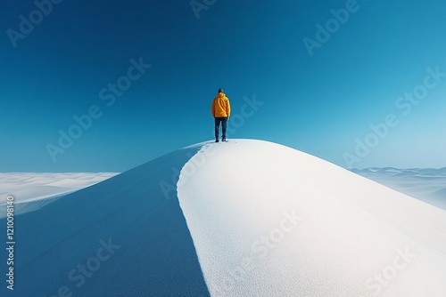 Dune Hiker: A lone hiker standing atop a tall sand dune, gazing out over a sea of undulating sand under a cloudless blue sky, photorealistic