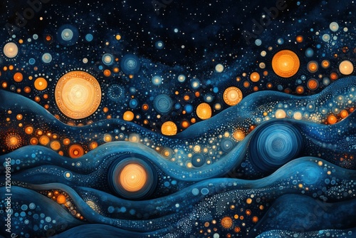 A digital artwork featuring a series of blue and orange circles.

