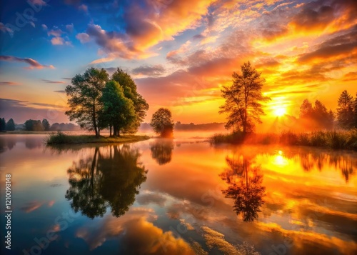 Serene sunrise paints golden hour reflections on tranquil lake waters, misty silhouettes of trees.