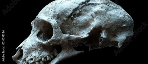 Damaged primate skull, profile view, black background, anthropological study photo