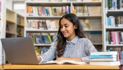 Young female student study in the school library.She using laptop