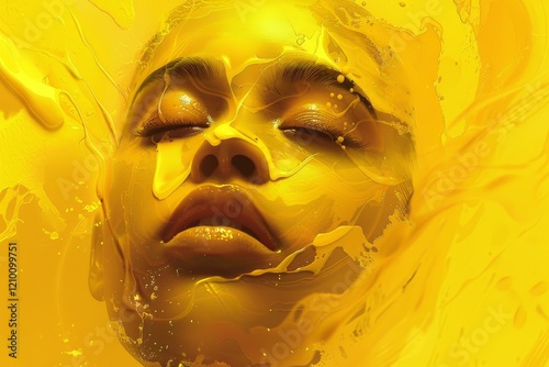 Beauty portrait of sensual woman with closed eyes, covered in dripping yellow paint photo