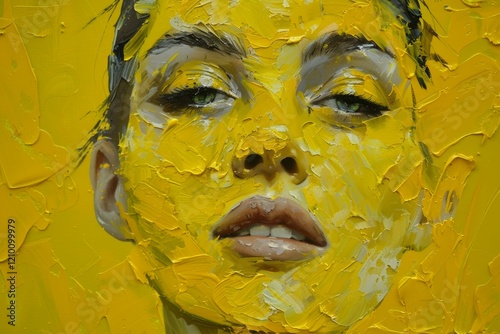 Close up of a woman's portrait with thick yellow paint strokes, creating a textured and expressive artwork photo