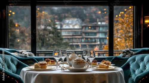 Luxurious afternoon tea, mountain view, hotel dining photo