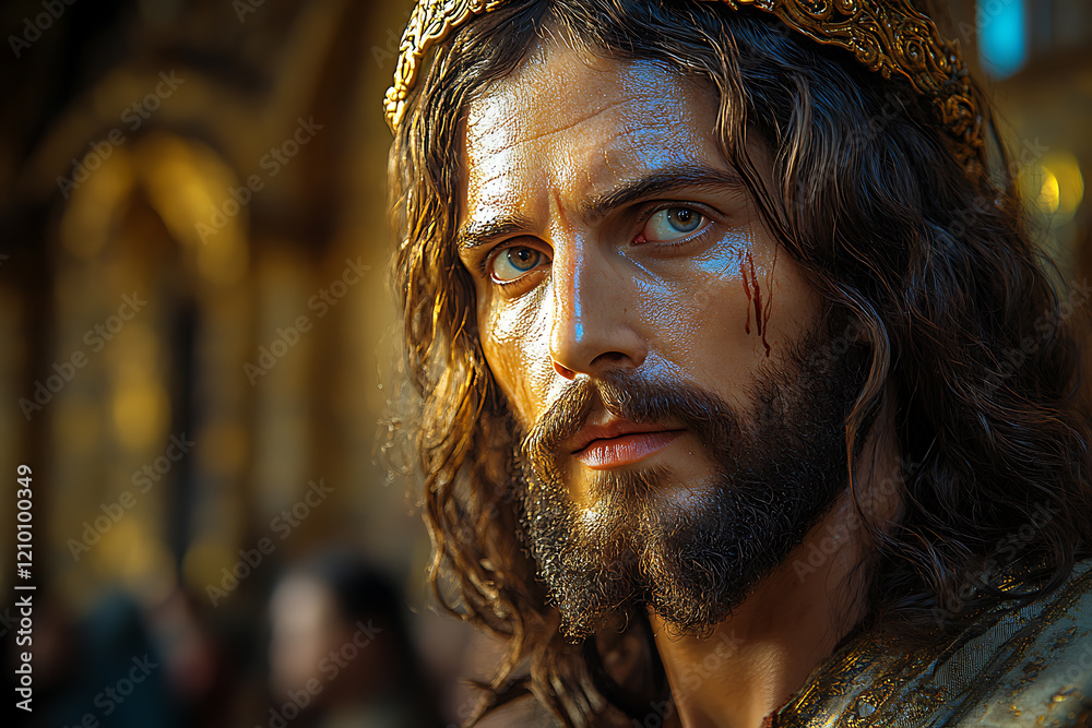 Traditional Jesus Christ with a halo, glowing in golden light, symbolizing mercy and spiritual salvation, in a serene religious setting. Traditional Jesus Christ with a halo, glowing in golden light, symbolizing mercy and spiritual salvation, in a serene religious setting.