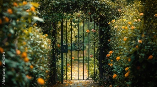 A gate covered in ivy and flowering vines.