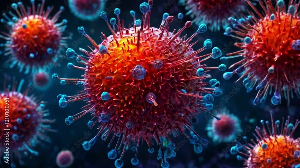 Video of Red and blue viruses densely populate a dark background. Suitable for science articles, medical studies, and educational materials related to viruses. Video of Red and blue viruses densely populate a dark background. Suitable for science articles, medical studies, and educational materials related to viruses.