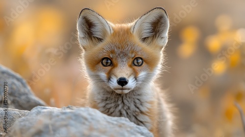 Red fox kit peering from rocks, autumn foliage background, wildlife photography photo