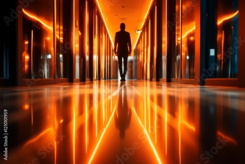 A shadowy figure lurking at the end of a long, dimly lit hallway, with the viewer perspective as if frozen in fear photo