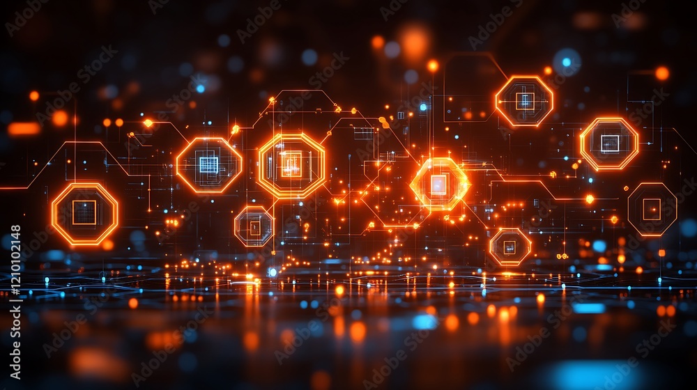 Fototapeta premium Digital Network: A mesmerizing abstract illustration showcasing a futuristic network of glowing orange and blue hexagons connected by intricate circuits.