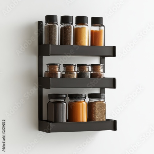 Spice rack with tiered metal design featured on a sleek white backdrop for modern kitchen organization photo