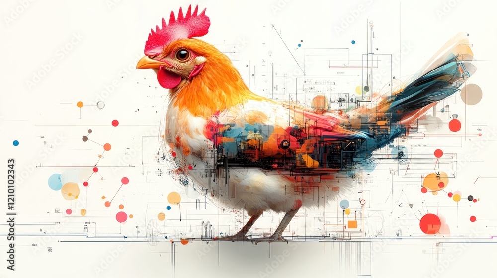 Fototapeta premium Colorful rooster digital art, circuit background, modern design, farm animal, graphic design