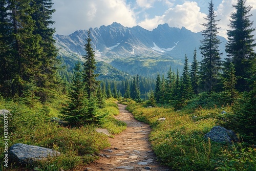 A winding hiking trail leading through a dense pine forest with a mountain ridge visible through the trees, photorealistic, professional DSLR photo, natural features photo