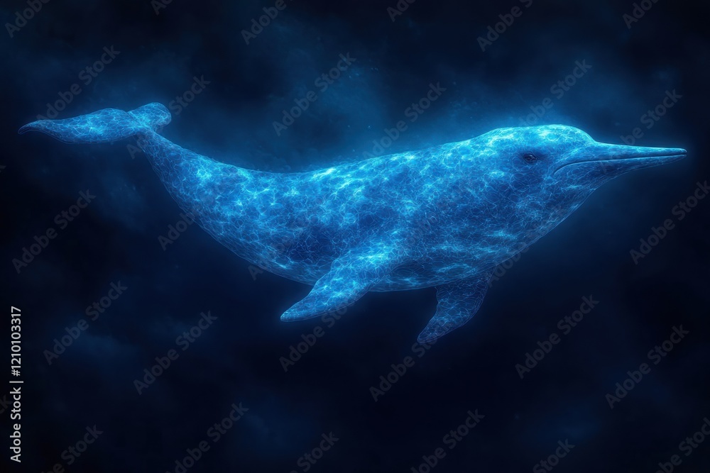Fototapeta premium Glowing Dolphin Swimming Deep Ocean Bioluminescence
