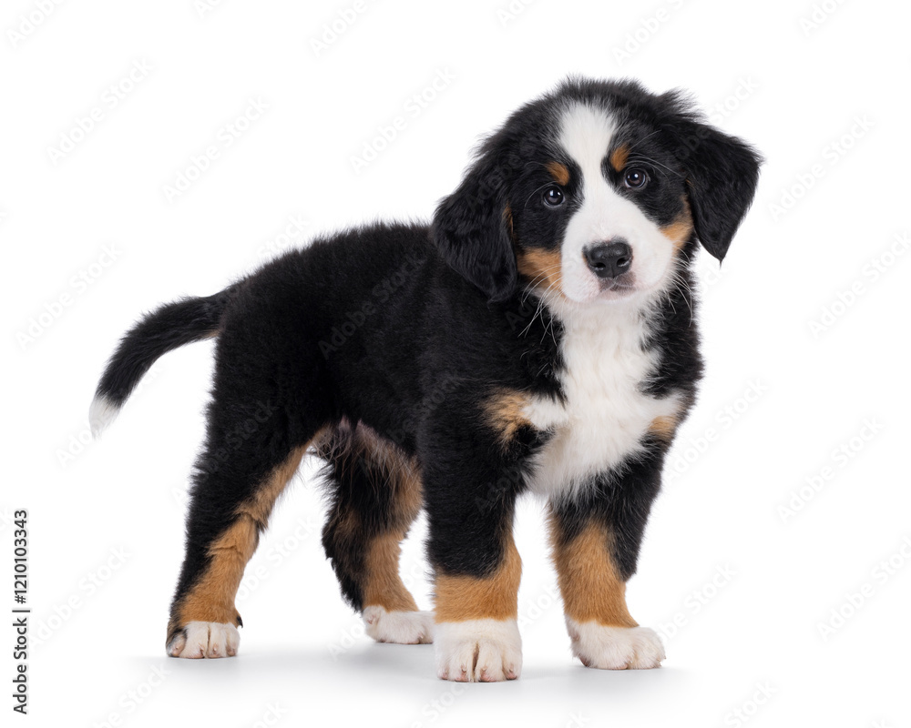 Adorable Bernese Mountain dog puppy, standing up side ways. Looking curious to camera with cute head tilt. Isolated on a white background. Adorable Bernese Mountain dog puppy, standing up side ways. Looking curious to camera with cute head tilt. Isolated on a white background.