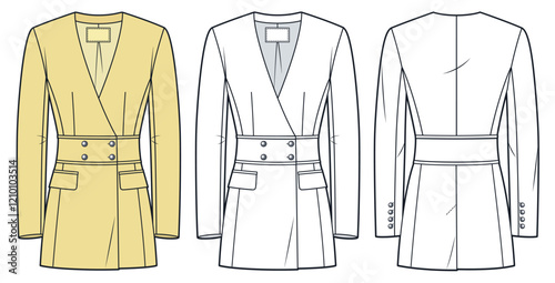 Tailored Blazer Jacket technical fashion illustration. Double-Breasted Jacket fashion technical drawing template, collarless, v-neck, buttons, front and back view, white, yellow, women CAD mockup set.