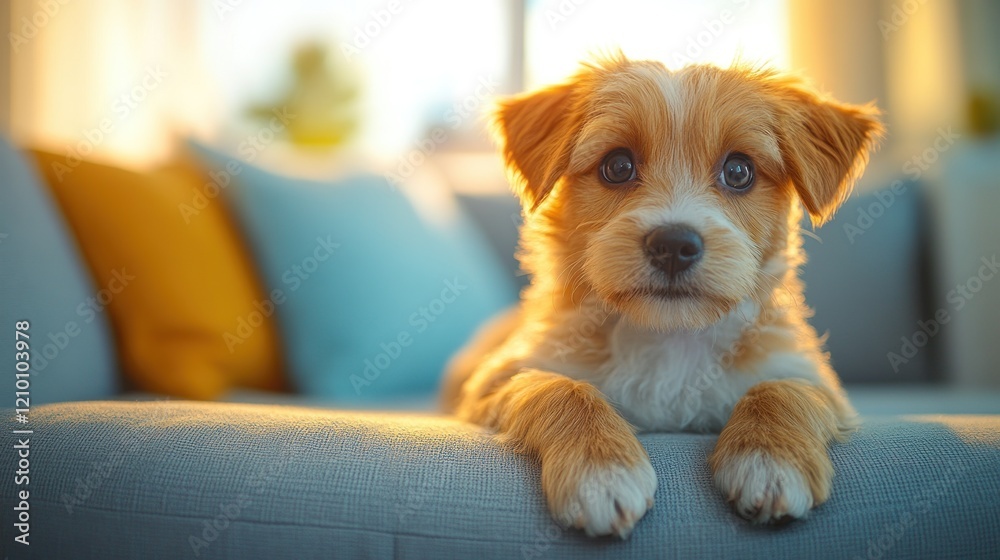 Adorable puppy relaxing on couch, sunset glow, home interior, pet adoption Adorable puppy relaxing on couch, sunset glow, home interior, pet adoption