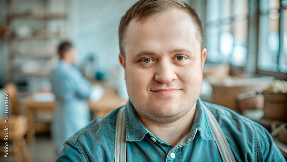 Fototapeta premium Man with Down syndrome smiling in a cafe setting