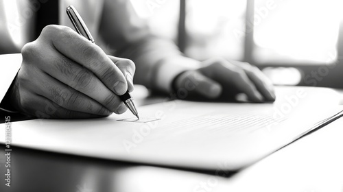 Close-up view of a notary stamp being applied to an employment document with a pen photo