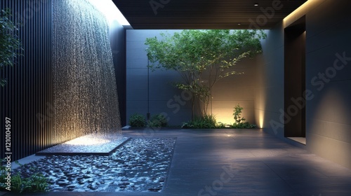Experience tranquility in a minimalist entryway featuring a soothing water feature and gentle lighting