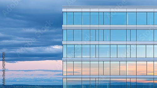 Modern glass office building sunset reflection  stormy sky backdrop  urban landscape