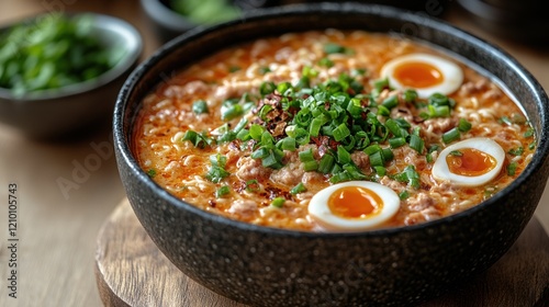 Spicy ramen, egg, herbs, bowl, kitchen, food photography, menu