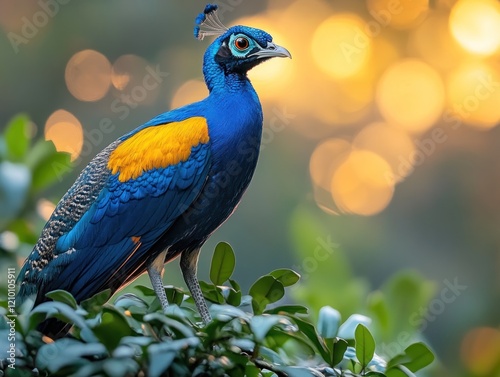 A Vibrant Peacock Perched on Green Leaves with a Blurred Golden Background